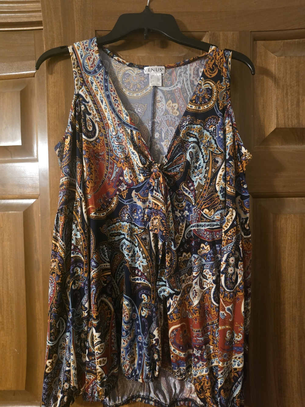 VENUS Multicolor Paisley Tie-Front Cold-Shoulder Top - Navy/Rust